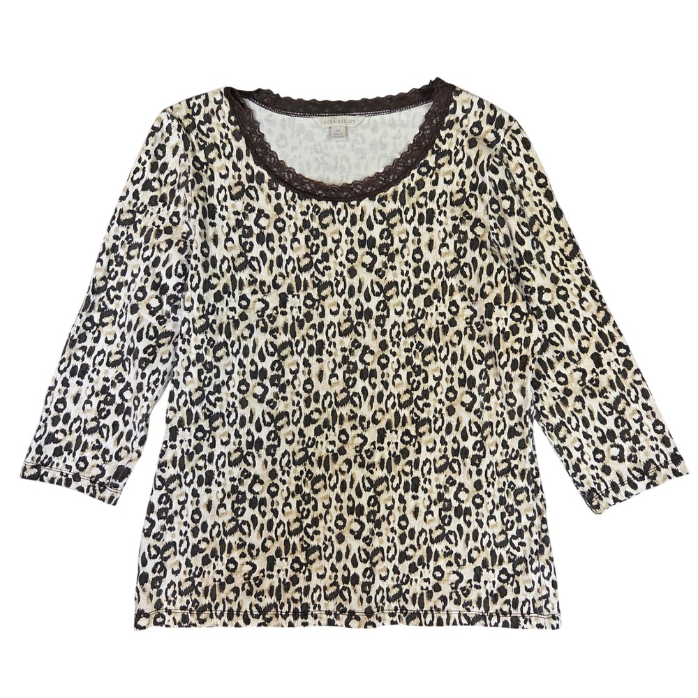 Laura Ashley Leopard Print Lace Trim Scoop Neck 3/4 Sleeve Top Brown Tan M Boho